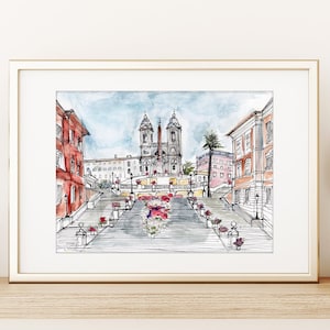 May include: A framed watercolor painting of the Spanish Steps in Rome, Italy. The painting depicts the iconic staircase with buildings on either side and a church at the top.