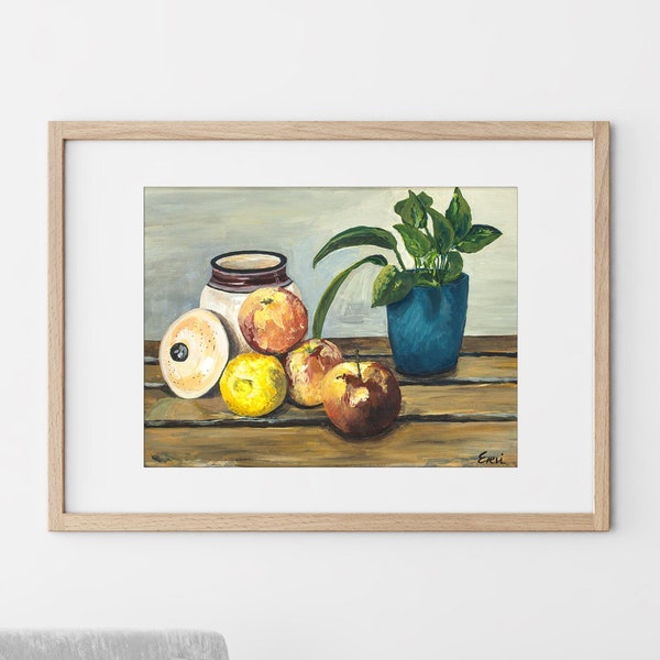 Still Life Printable Acrylic Painting On Canvas Fruits And Honey Pot 16x12 Inches Colorful Wall Decoration Digital Print Instant Download