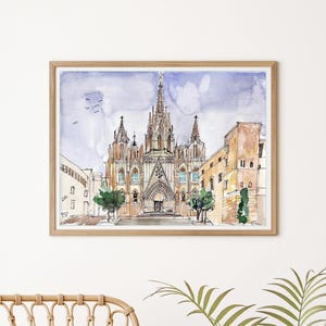 Barcelona Art Print Cathedral | Barcelona Cityscape Poster La Catedral | Fine Liner Art | Spanish Wall Decoration | 24 x 18 Watercolor Print