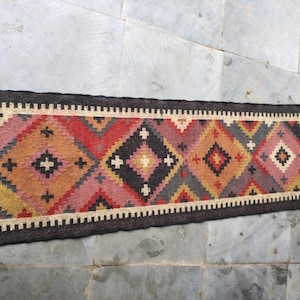 Handwoven Wool Jute Kilim Runner Rug - Traditional Indian Design