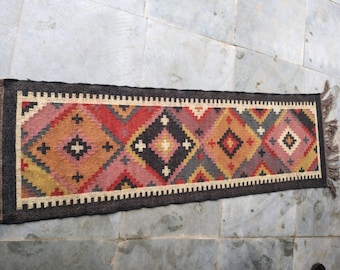 Handwoven Wool Jute Kilim Runner Rug - Traditional Indian Design