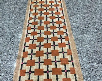 Handwoven Wool Jute Kilim Runner Rug,Modern Geometric Design Dhurrie Rug,Vintage Southwestern Runner-Rug