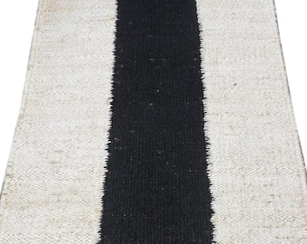 Handwoven White Striped Jute Runner Rug: Boho Area Rug