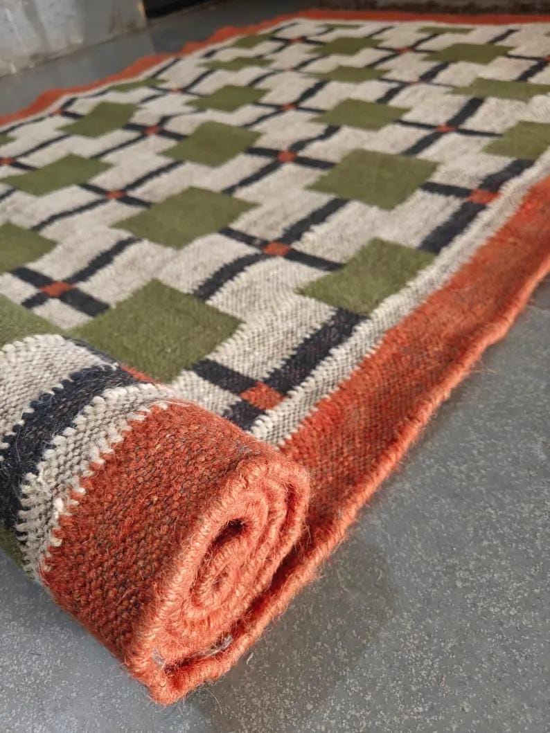 Modern Geometric Runner Rug, Handwoven Wool Jute Hallway Rug, Green ...