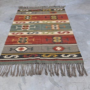 Handwoven Kilim Rug Wool & Jute Dhurrie – Traditional Indian Handmade Colorful Floor Decor Carpet