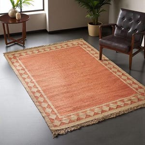 Handwoven Wool Jute Kilim Rug: Light Orange, Large Area Rug