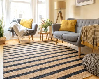 Handmade Jute Area Rug: Natural Hemp with Black Stripes, Boho Decor