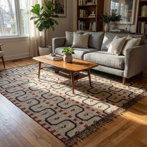 May include: A living room scene featuring a gray sofa with decorative pillows, a wooden coffee table, and a patterned rug. The rug has a beige background with a repeating pattern of black lines and red squares. A potted plant and books are on the table.