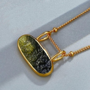 14K Gold A Grade Certified Moldavite Pendant: High Vibration Sterling Silver Jewelry, Oval Necklace