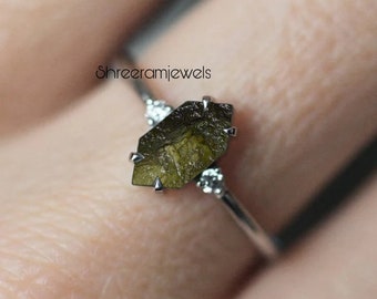 Raw Moldavite Gemstone Sterling Silver Ring: Hexagon Engagement Ring