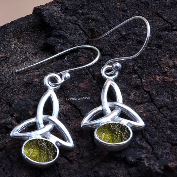 Sterling Silver Moldavite Celtic Knot Earrings Sterling Silver Moldavite Celtic Knot Earrings