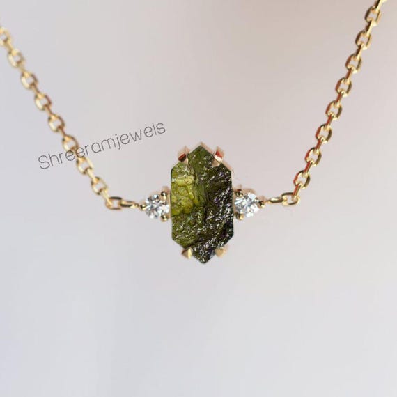 天然原石モルダバイト宝石シルバーネックレス（スターリング