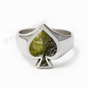 Natürlicher roher Moldavit Spielkarten Ring | Herren Ring | Ace Unisex Silber Handmade Poker Karten Ring | Jack Kasino Ring, Ace Moldavit Ring