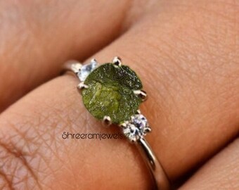 Natural Raw Moldavite Gemstone Ring in Sterling Silver Ring | Engagement Ring | Wedding Ring | Women&#39;s Moldavite Jewelry |