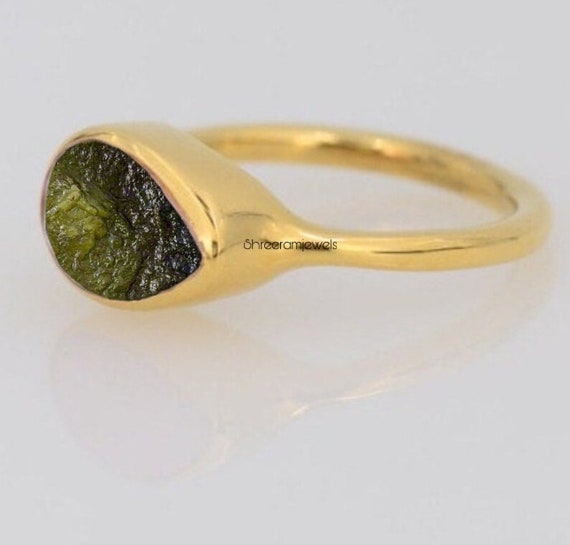 Anello Argento 925 Con Moldavite Naturale, Pietra Verde Ovale, Gioiello Artigianale India VV-588