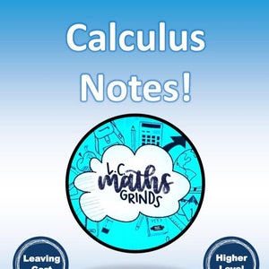 Puede incluir: Gráfico azul y blanco con el texto "Calculus Notes!" y una ilustración de dibujos animados de una calculadora, un lápiz, una mochila y otros útiles escolares. El gráfico también incluye el texto "LC Maths Grinds" en forma de nube. Debajo del gráfico hay dos círculos azules con el texto "Leaving Cert" y "Higher Level". Debajo de los círculos hay un rectángulo azul con un icono de Instagram blanco y el texto "Síguenos en Instagram @lcmathsgrinds".