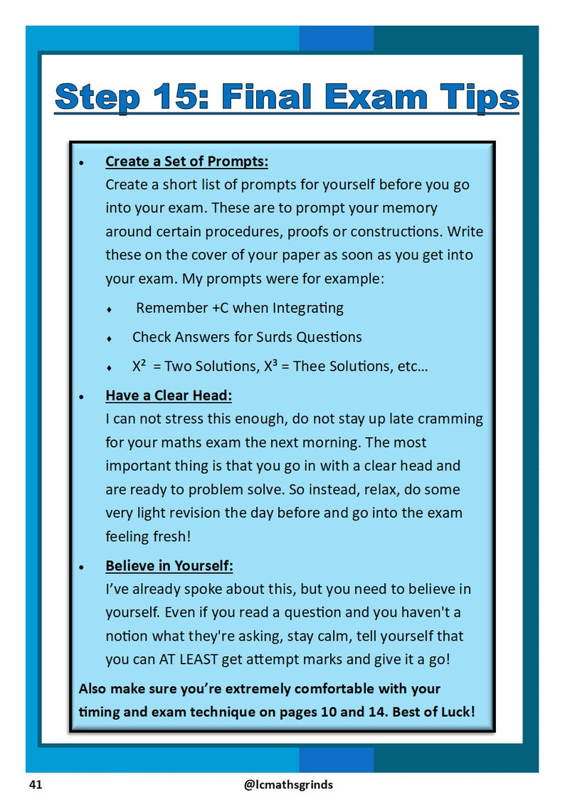 Puede incluir: Una p&aacute;gina ilustrada en azul y blanco con el t&iacute;tulo "Paso 15: Consejos para el examen final". La p&aacute;gina contiene consejos para los estudiantes que se preparan para un examen final, incluyendo la creaci&oacute;n de un conjunto de indicaciones, tener la cabeza despejada y creer en s&iacute; mismos. La p&aacute;gina tambi&eacute;n menciona las p&aacute;ginas 10 y 14 para obtener informaci&oacute;n adicional.