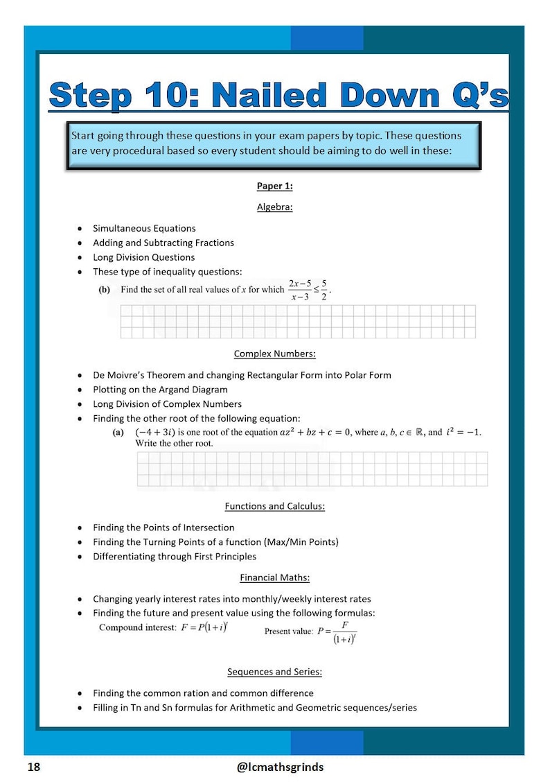 Puede incluir: Una gu&iacute;a de estudio para estudiantes que se preparan para los ex&aacute;menes. La gu&iacute;a est&aacute; dividida en secciones para &Aacute;lgebra, N&uacute;meros Complejos, Funciones y C&aacute;lculo, Matem&aacute;ticas Financieras y Sucesiones y Series. Cada secci&oacute;n enumera los temas clave y ejemplos de preguntas.