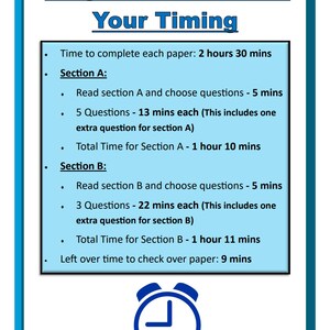 Puede incluir: Una ilustraci&oacute;n azul y blanca de un reloj despertador con el texto "Paso 5: Conoce tu tiempo". El texto debajo del reloj describe el tiempo asignado para cada secci&oacute;n de un examen, incluyendo el tiempo total para cada secci&oacute;n y el tiempo restante para revisar el papel.