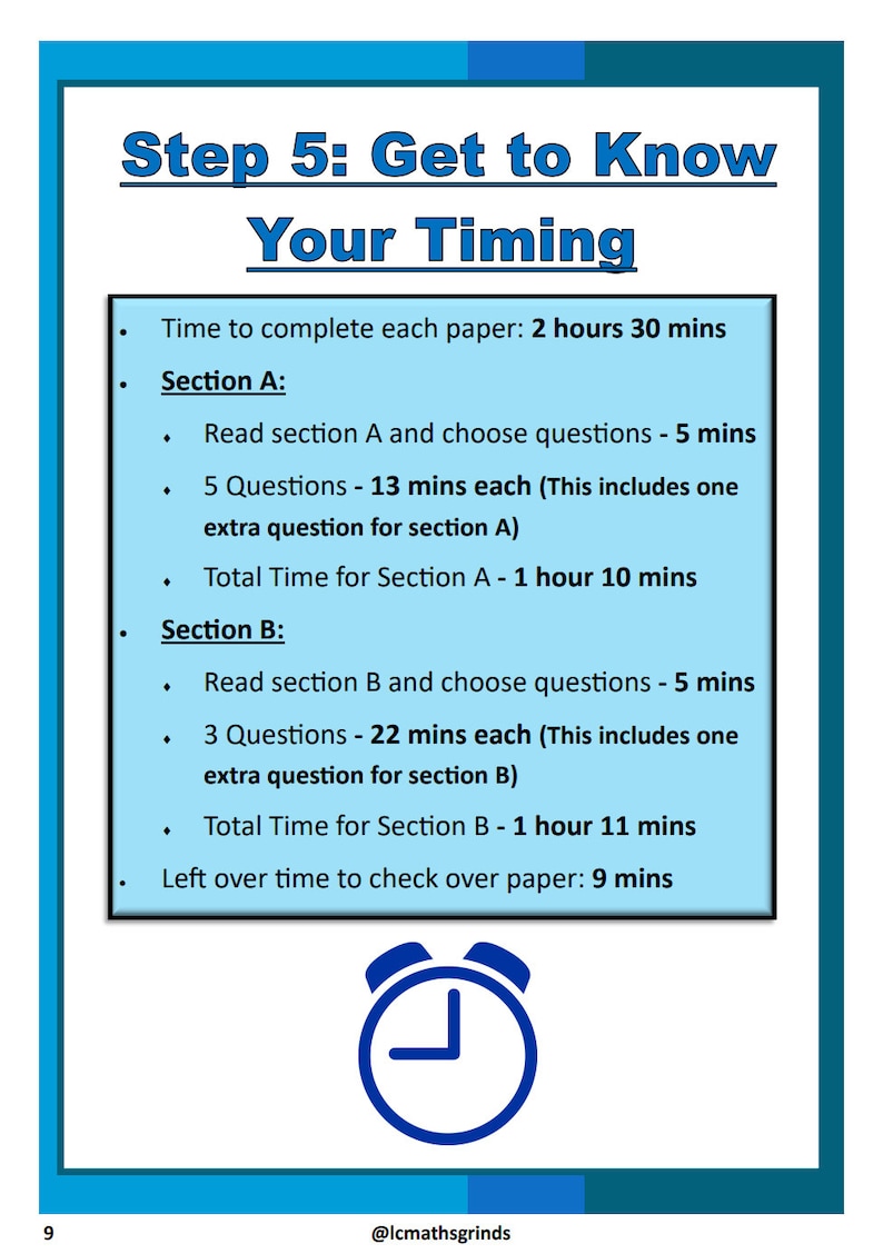 Puede incluir: Una ilustraci&oacute;n azul y blanca de un reloj despertador con el texto "Paso 5: Conoce tu tiempo". El texto debajo del reloj describe el tiempo asignado para cada secci&oacute;n de un examen, incluyendo el tiempo total para cada secci&oacute;n y el tiempo restante para revisar el papel.