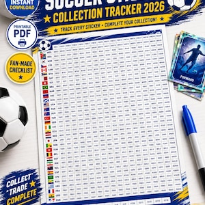 May include: A football sticker collection tracker for 2026 featuring a grid of national flags and country codes. The document includes a header with the text SOCCER STICKER COLLECTION TRACKER 2026, a blue marker, and a football graphic.