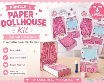 Printable 3D Doll Bedroom Kit Paper Dollhouse Room Pretend Play Girls Print & Build Craft Activity Instant Download PDF