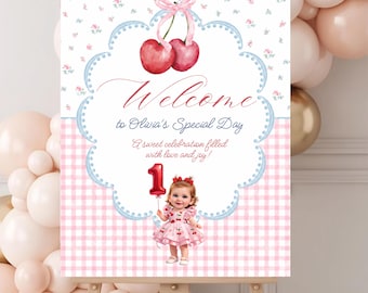 Cherry Birthday Welcome Sign Editable Coquette Girls 1st Birthday Canva Template Printable Poster Instant Download