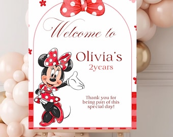 Red Minnie Mouse Welcome Sign Editable Classic Girls Birthday Party Canva Template Printable Poster Instant Download