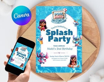 Lilo Stitch Splash Party Invitation Editable Pool Birthday Canva Template Girls Boys 2nd Birthday Instant Download