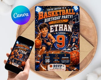 Basketball All-Star Birthday Invitation Editable Boys 9th Birthday Player Canva Template Sports Instant Download Printable