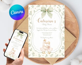 Baby Shower Invitation Editable Goose Duck Floral Canva Template Vintage Neutral Baby Shower Instant Download Printable