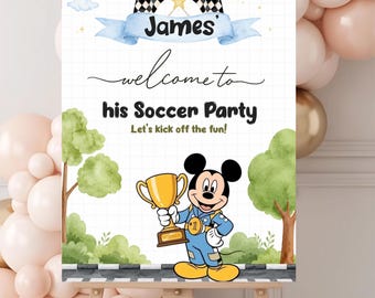 Mickey Mouse Soccer Welcome Sign Editable Boys Birthday Party Canva Template Printable Poster Instant Download