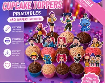 Kpop Cupcake Toppers Printable 60 Anime Pop Star Girls Party Toppers Editable Canva Template Instant Download Birthday Decoration