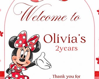 Red Minnie Mouse Welcome Sign Editable Classic Girls Birthday Party Canva Template Printable Poster Instant Download