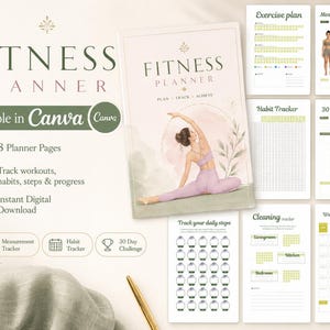 Pode incluir: Um conjunto de planejador de fitness digital com oito páginas, incluindo plano de exercícios, rastreador de medidas, rastreador de hábitos, desafio de 30 dias, rastreador de passos, rastreador de limpeza e rastreador de peso com o texto Fitness Planner.