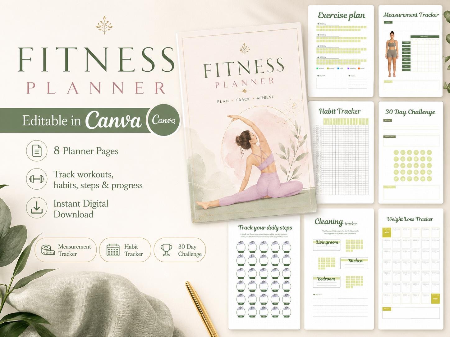 Buy Editable Fitness Planner Canva Template | Printable Workout Tracker ...