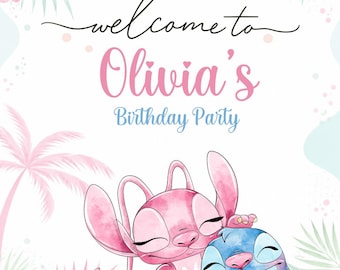 Stitch Angel Welcome Sign Editable | Birthday Party Printable Poster Canva Template Girls | Instant Download Digital