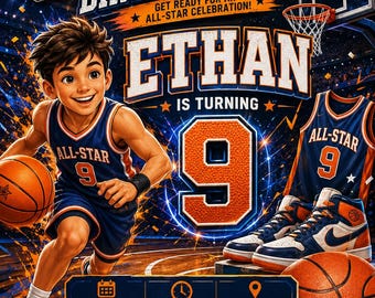 Basketball All-Star Birthday Invitation Editable Boys 9th Birthday Player Canva Template Sports Instant Download Printable