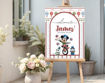 Mickey Mouse Welcome Sign, Personalized Birthday Party Sign, Editable Canva Template, Boy Birthday Decor, Circus Mickey Party Printable