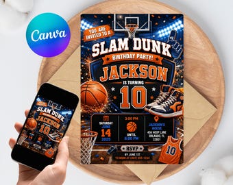 Slam Dunk Basketball Birthday Invitation Editable Boys 10th Birthday Sports Canva Template Instant Download Printable