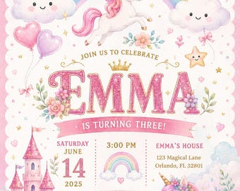 Unicorn Birthday Invitation Editable Watercolor Rainbow Castle Girls Canva Template 3rd Birthday Instant Download Printable