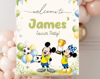Mickey Mouse Soccer Welcome Sign, Personalized Birthday Party Sign, Editable Canva Template, Boy Birthday Decor, Football Party Printable