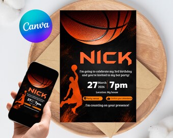 Basketball Birthday Invitation Editable Sports Boys Party Canva Template Instant Download Printable Ball Game