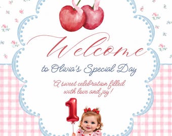 Cherry Birthday Welcome Sign Editable Coquette Girls 1st Birthday Canva Template Printable Poster Instant Download