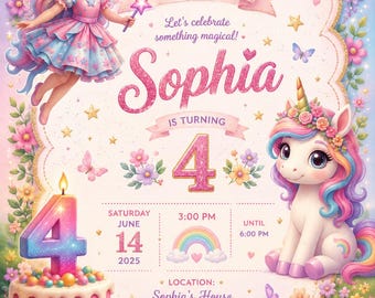 Fairy Unicorn Birthday Invitation Editable Rainbow Cake Girls Canva Template 4th Birthday Magical Instant Download Printable