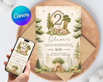 Woodland Animals Birthday Invitation Editable Forest 2nd Birthday Boys Canva Template Instant Download Printable