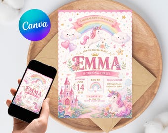 Unicorn Birthday Invitation Editable Watercolor Rainbow Castle Girls Canva Template 3rd Birthday Instant Download Printable