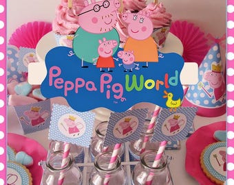 Peppa Pig World Party Kit Printable Family Birthday Decoration Cupcake Topper Bottle Label Girls Party Instant Download