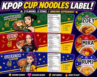 Etiqueta imprimible para fideos instantáneos KPop Demon Hunters | Etiqueta editable para ramen Huntrix | Descarga instantánea para fiestas de Rumi Mira Zoey en Canva