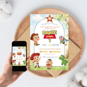 Pode incluir: Um convite de aniversário digital com personagens de desenho animado, uma estrela vermelha e o texto "Dante Story 1". O design inclui um cowboy, um patrulheiro espacial, uma cowgirl, uma batata e um dinossauro verde no fundo.
